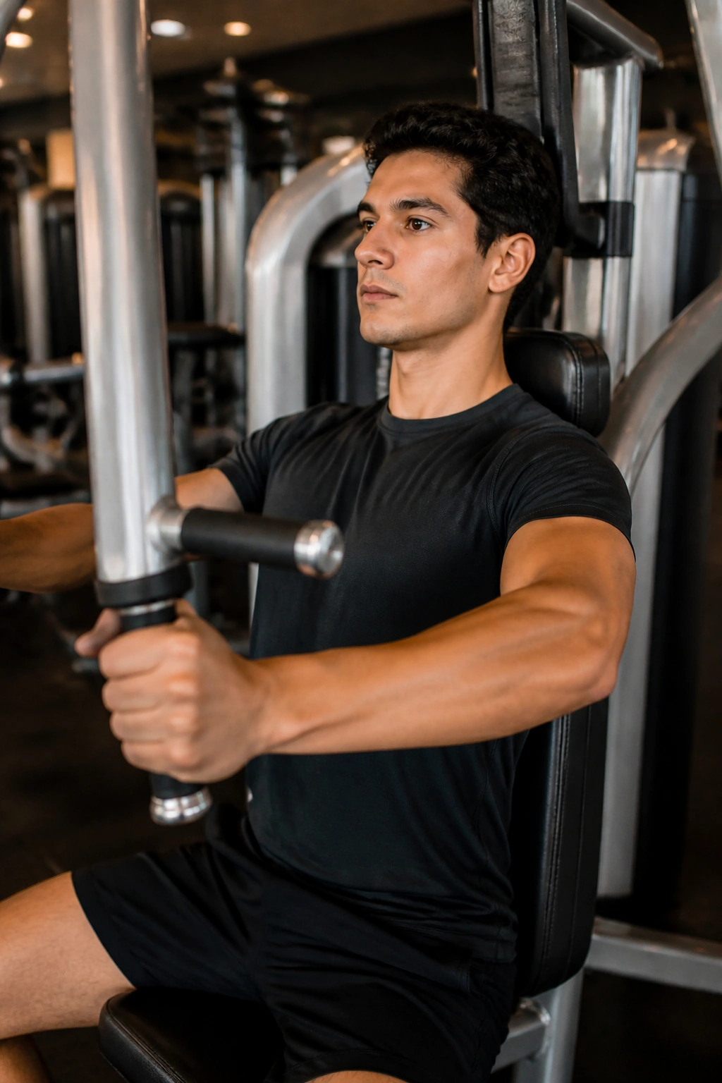Person using chest press machine in gym