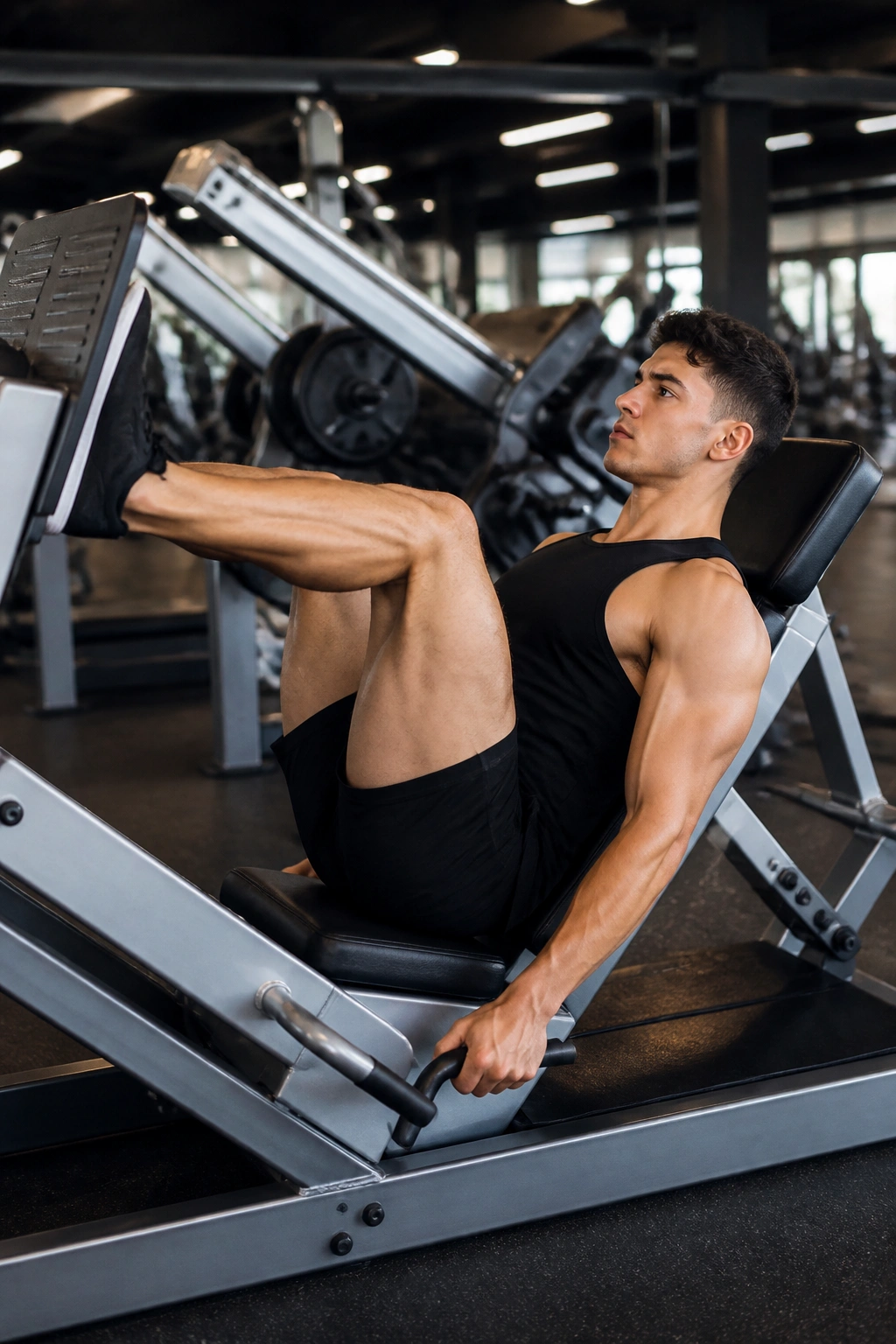 Person using leg press machine in a gym with multiple machines in background
