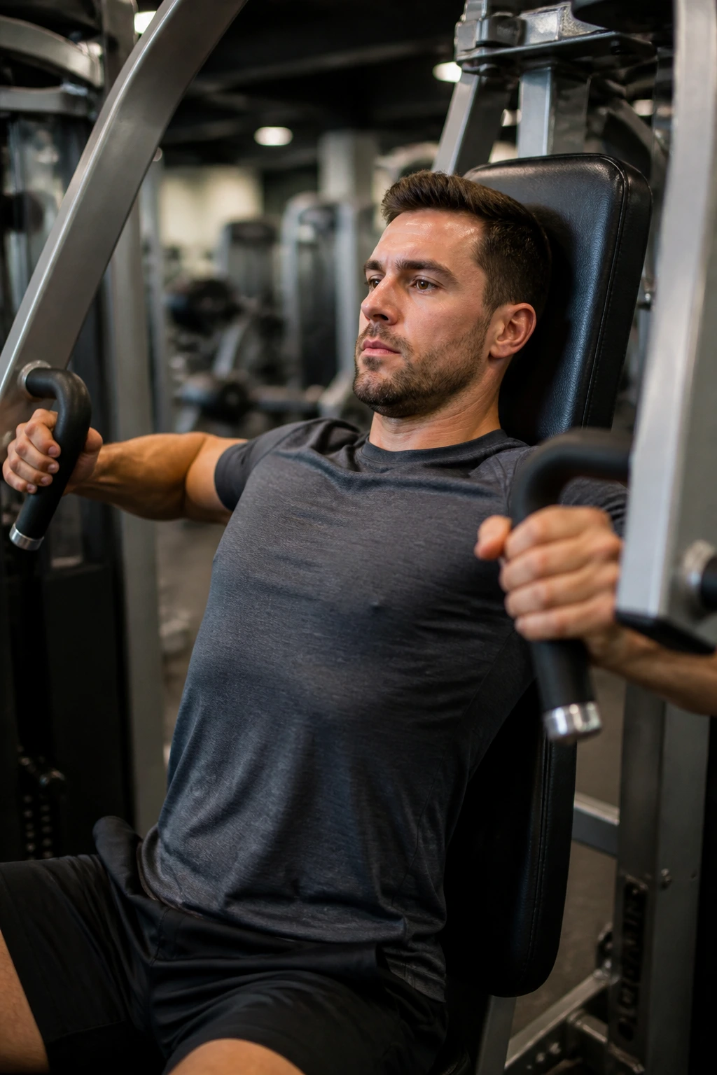 Close-up of a person using a chest press machine in a gym for a low-stress beginner circuit