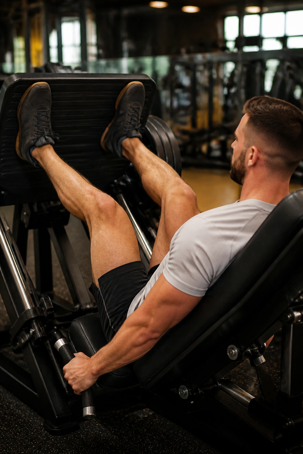 Lifter on leg press machine performing quad-dominant work.