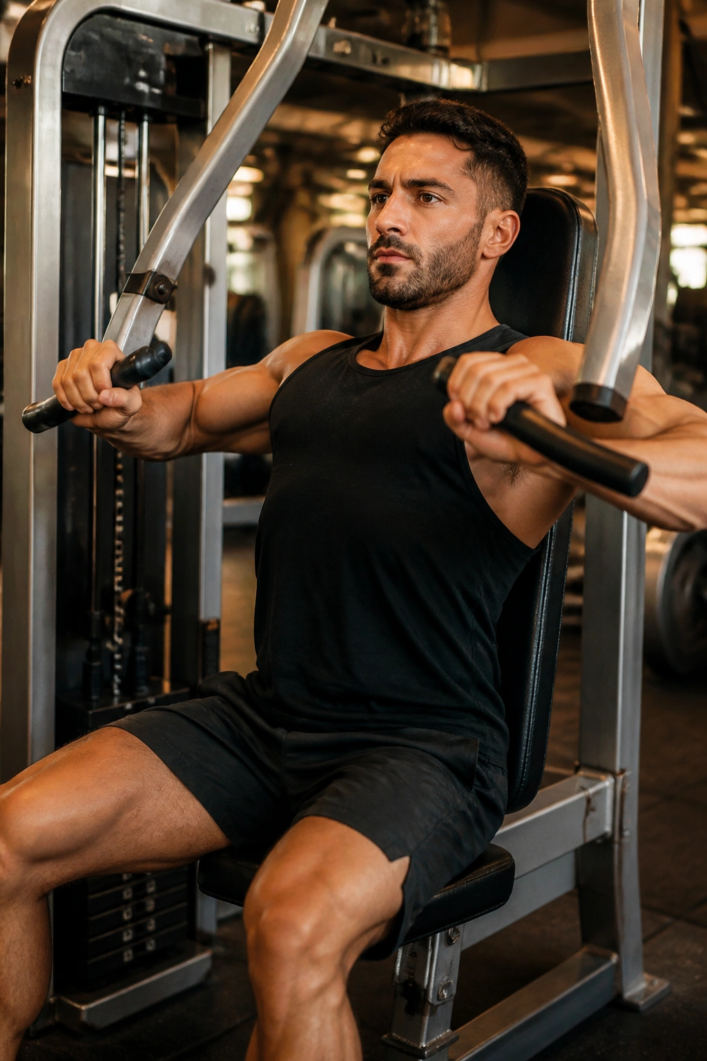 Person using a chest press machine for hypertrophy