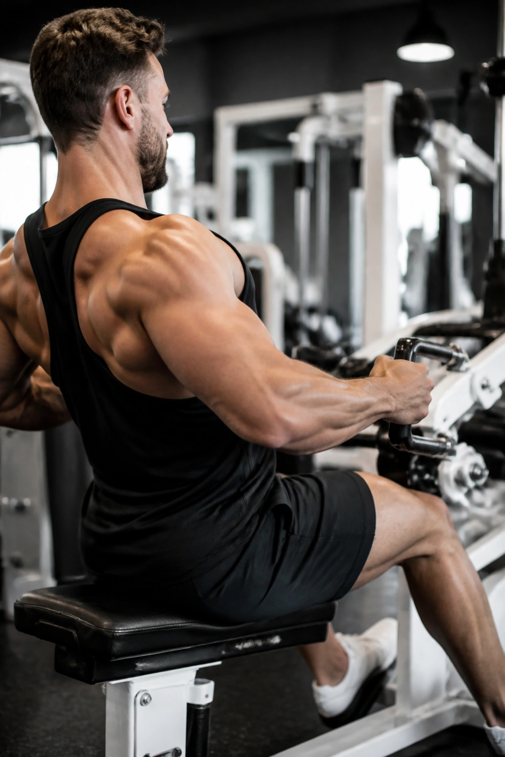 Person using a seated row machine for hypertrophy