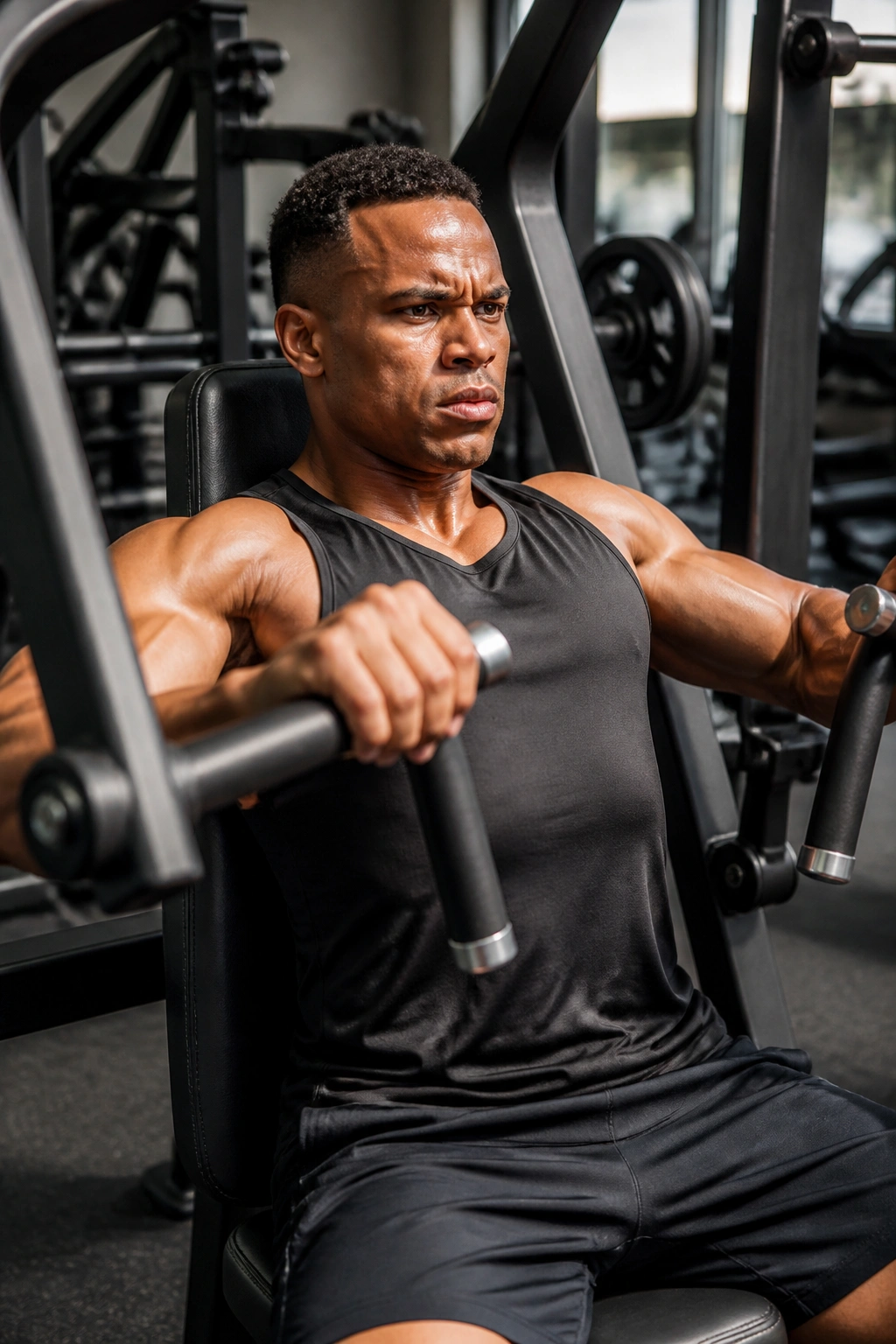 Close-up of a person using a chest press machine in a modern gym