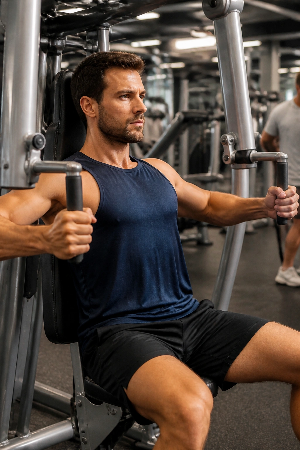 Person using a chest press machine in a gym