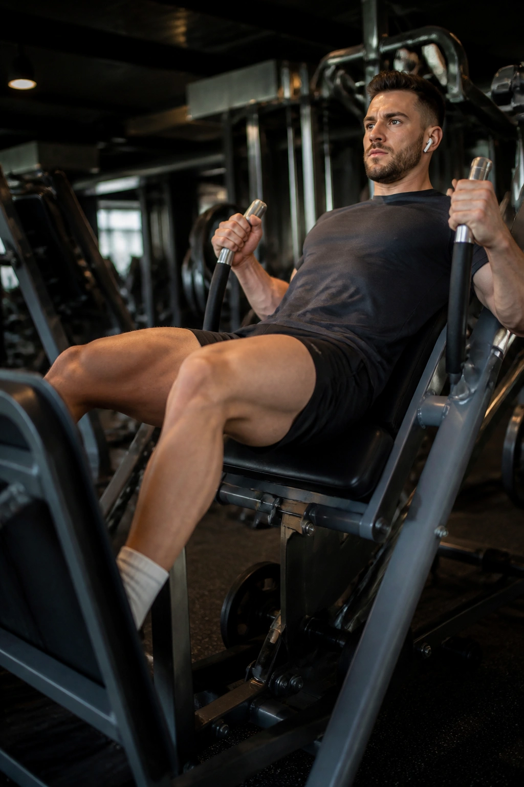 Person using leg press machine in gym