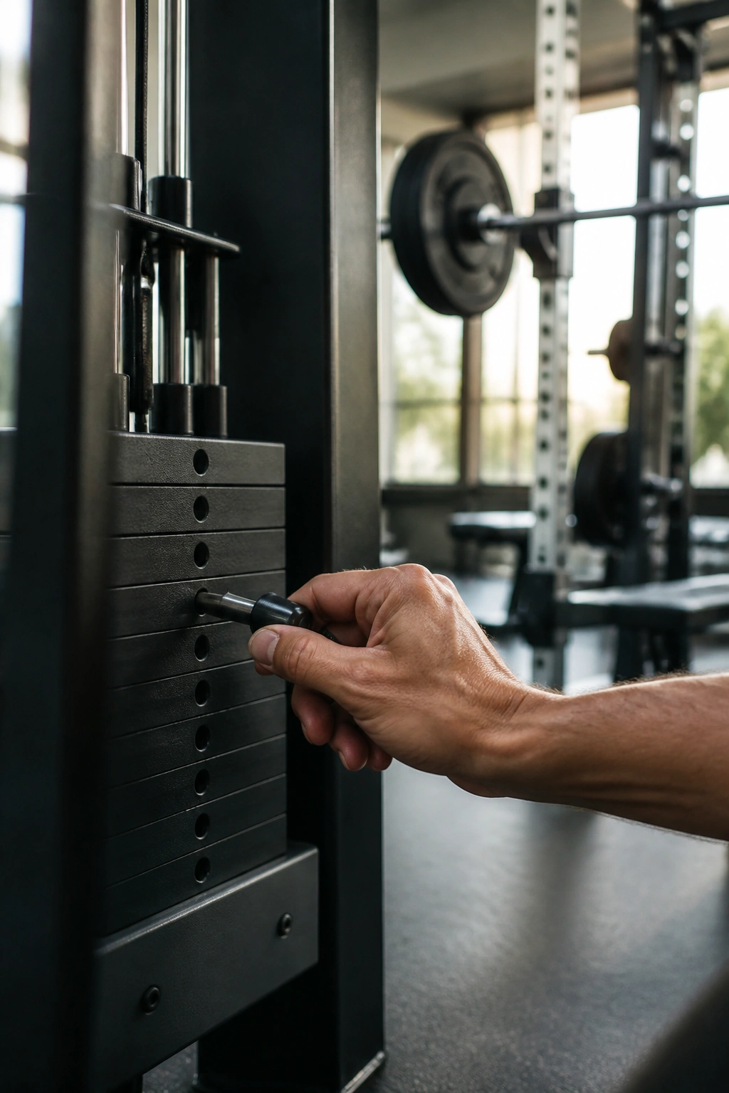 Close-up of lifter adjusting a weight machine pin in a gym, with gym equipment blurred in the background