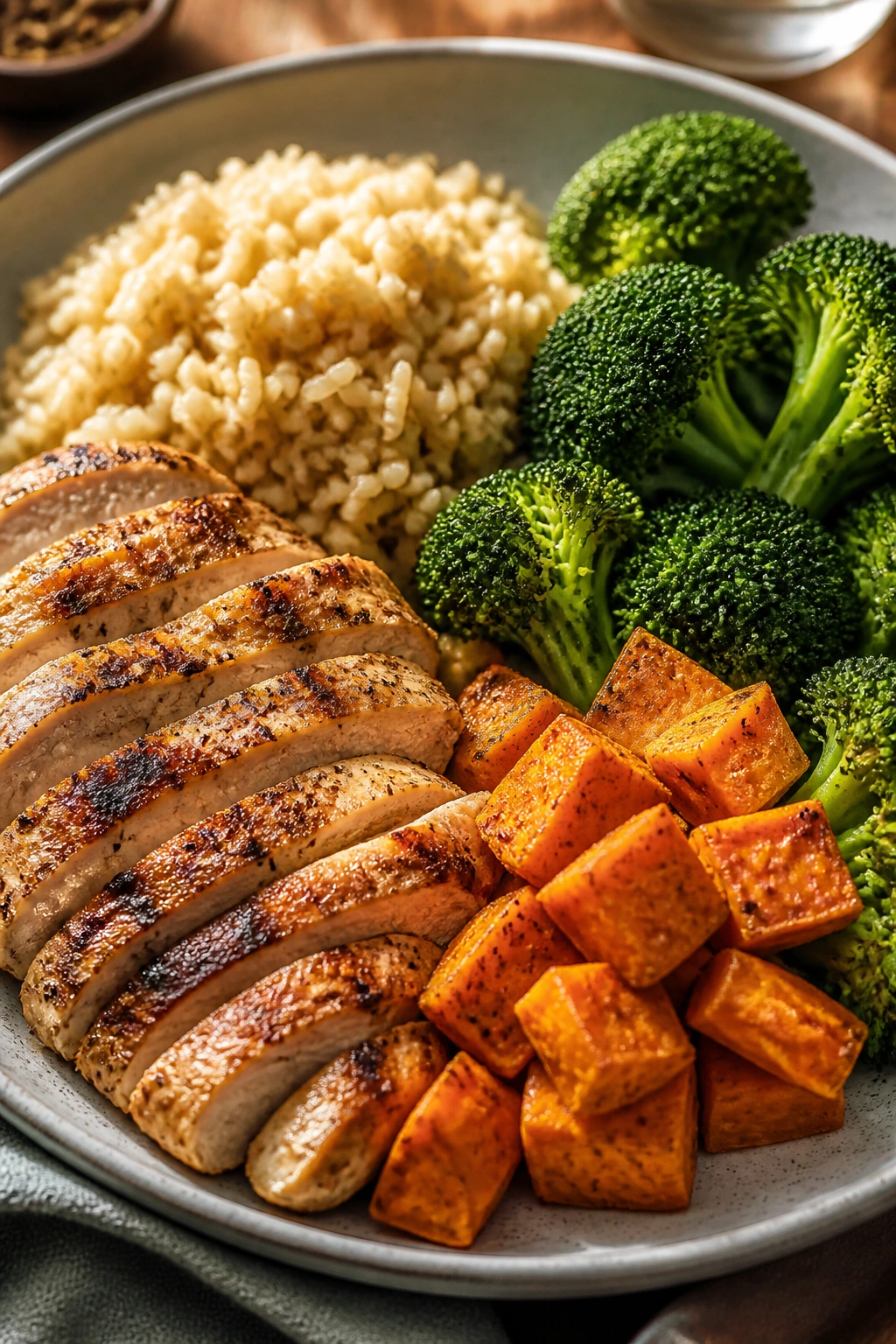 Balanced macro-friendly plate with protein, carbs, vegetables
