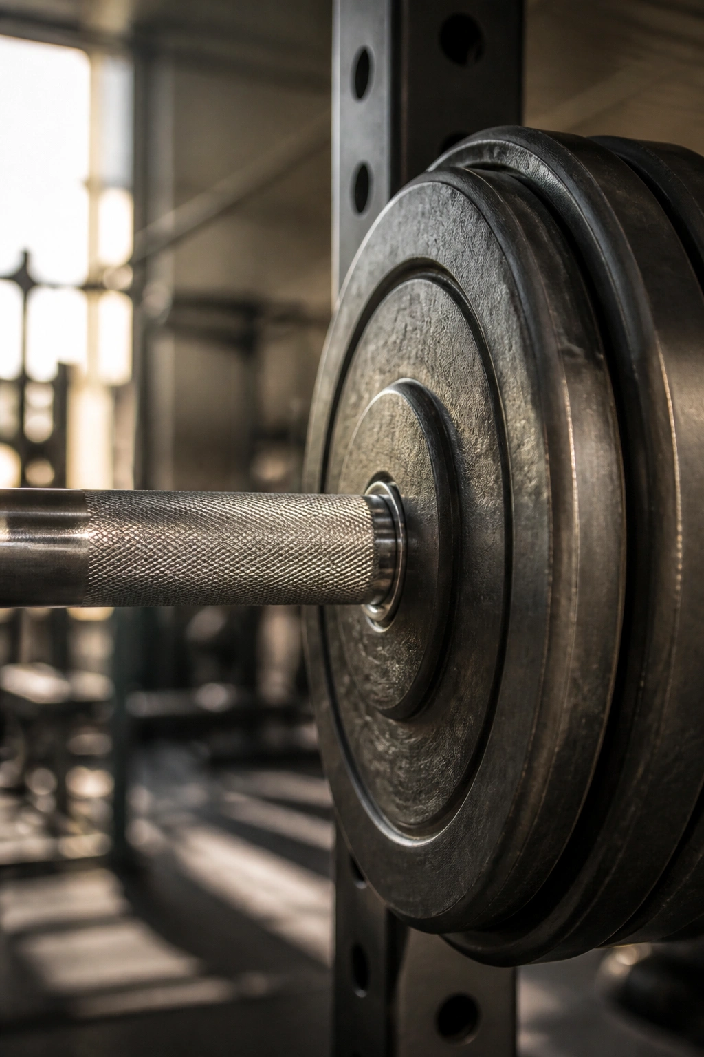 Close-up of a barbell on a rack, illustrating the Madcow 5x5 program