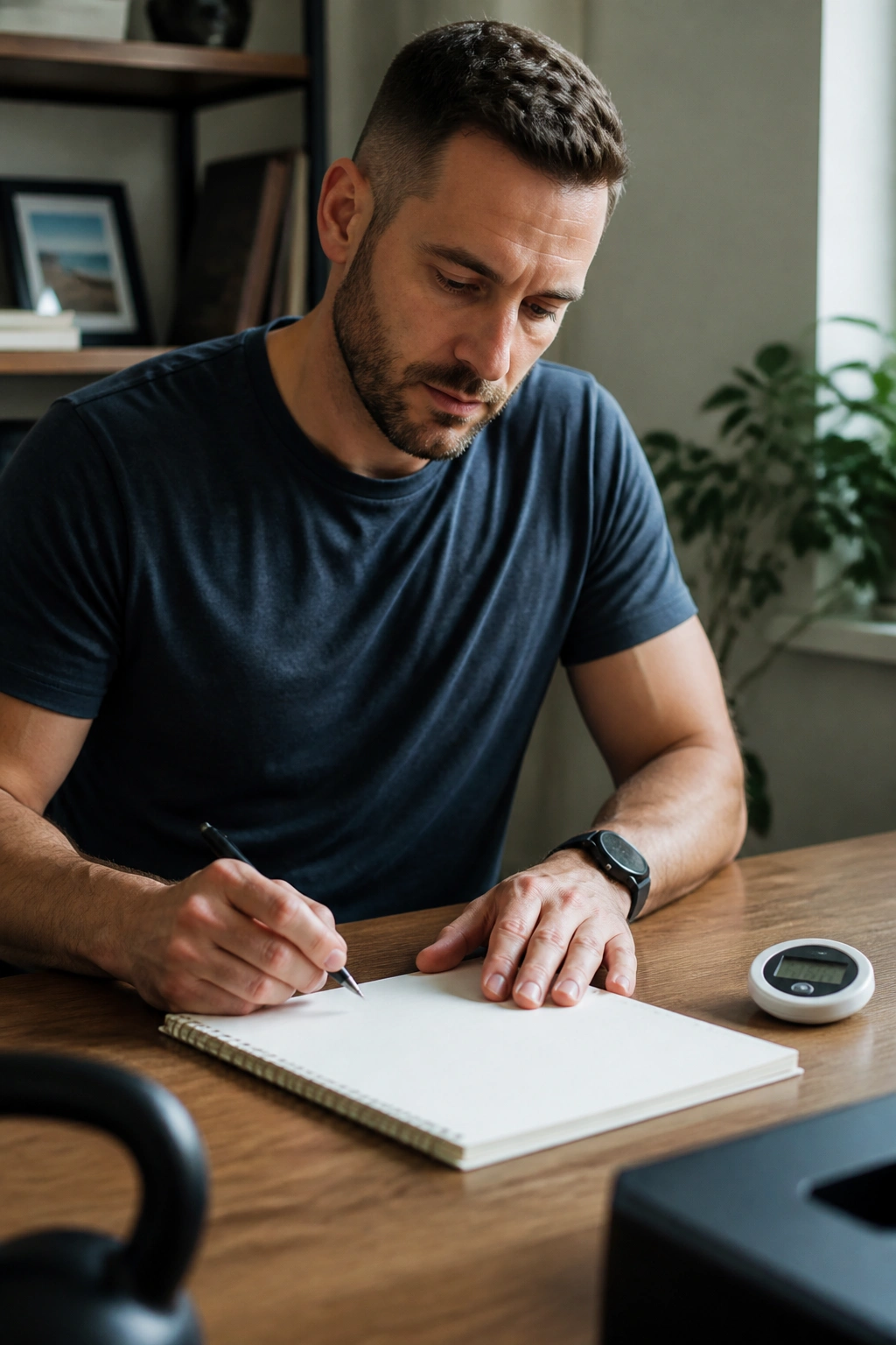 Medium close-up of a person planning in a blank notebook in a cozy home office