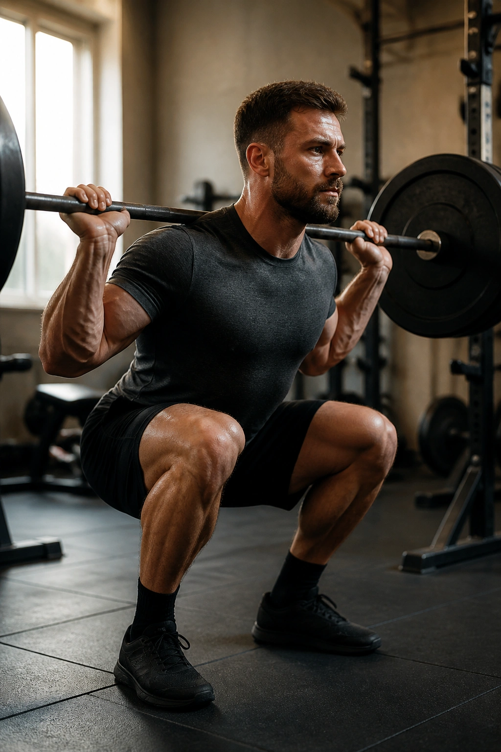 Lifter executing a main lift in a calm gym for maintenance plan
