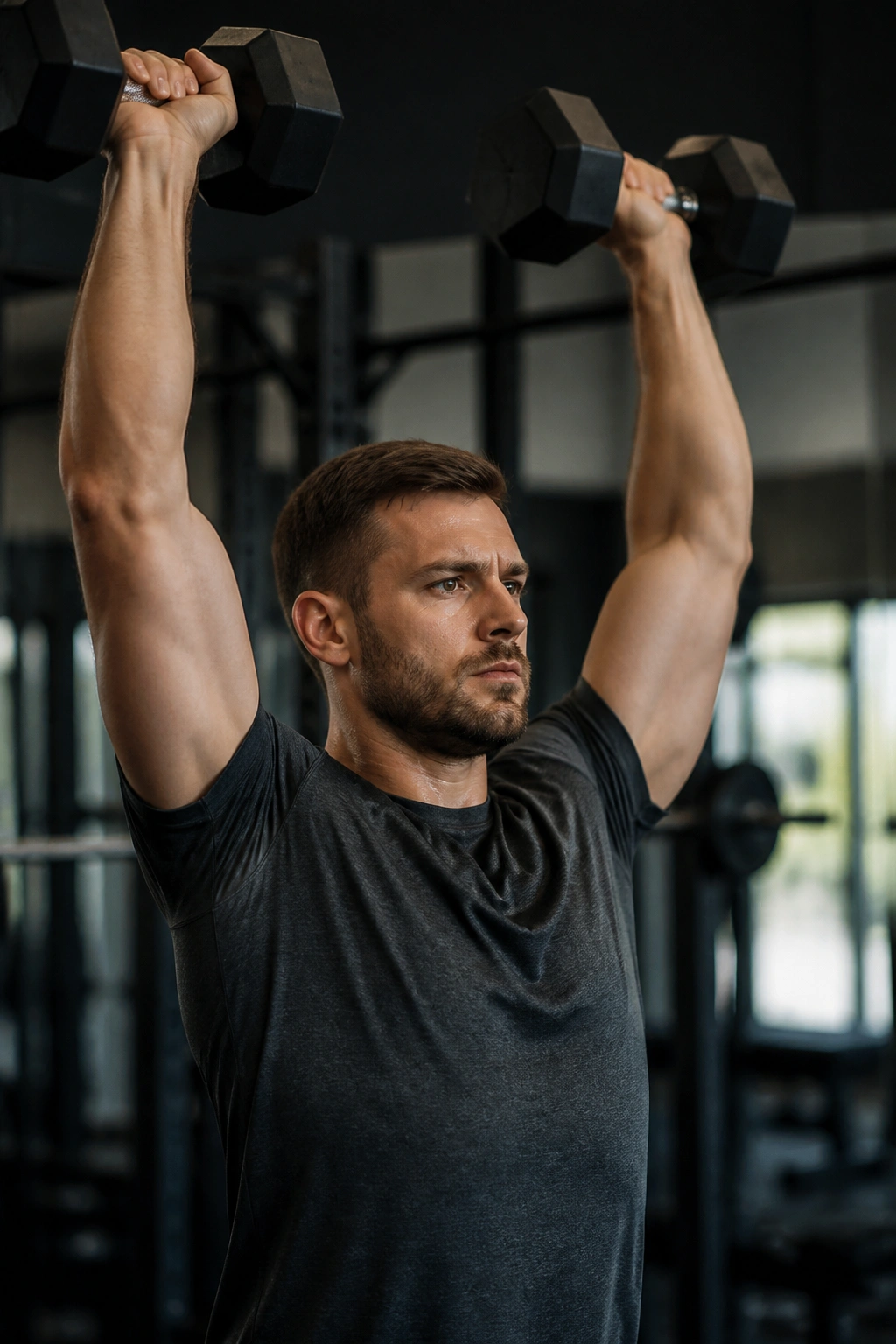 Athlete overhead pressing with moderate weight in calm gym for maintenance plan