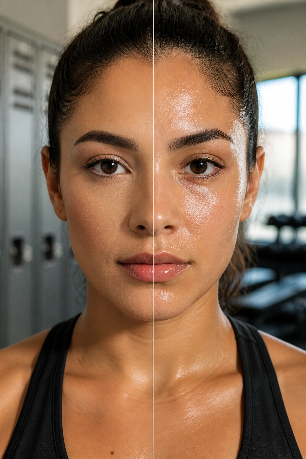Close-up portrait of a real woman with split makeup looks reflecting different workouts in a gym setting