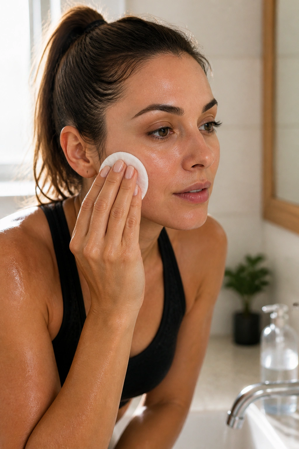 Close-up of a woman removing makeup with micellar water in a bright bathroom after a workout