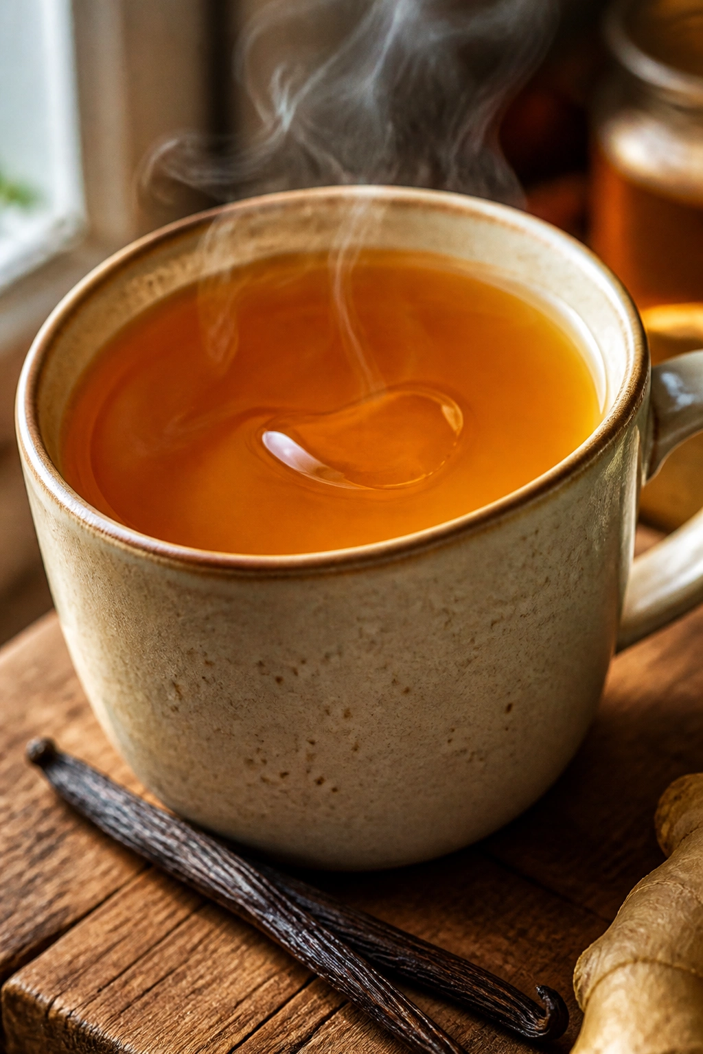 Mug of maple vanilla lemon ginger turmeric tea with vanilla bean beside it.