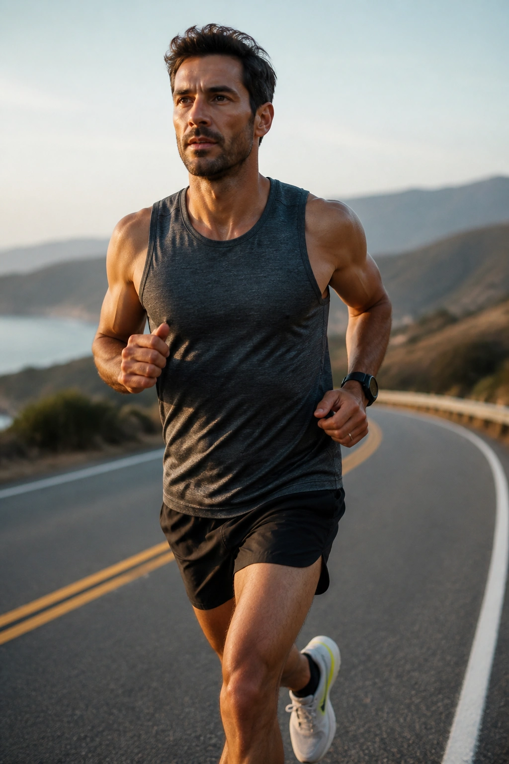 Runner maintaining durable form during a long-distance training run on a road.