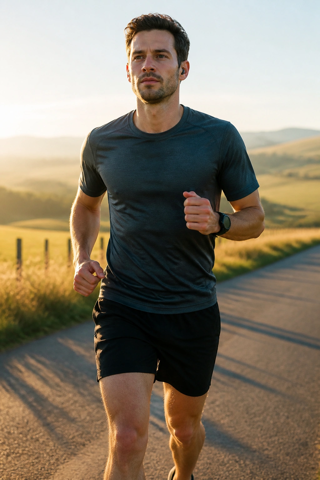 Runner on a sunlit country road at easy marathon pace