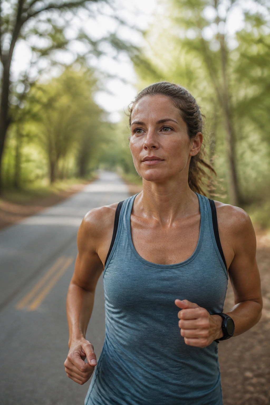 Runner on a long road run wearing pace watch, steady marathon pace.
