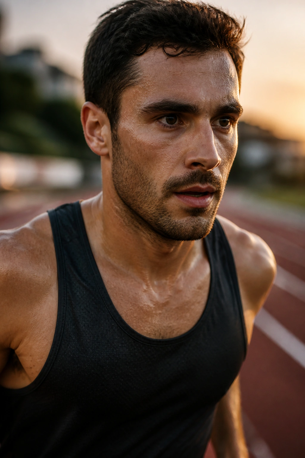 Close-up portrait of a runner's focused face on an outdoor track at dawn