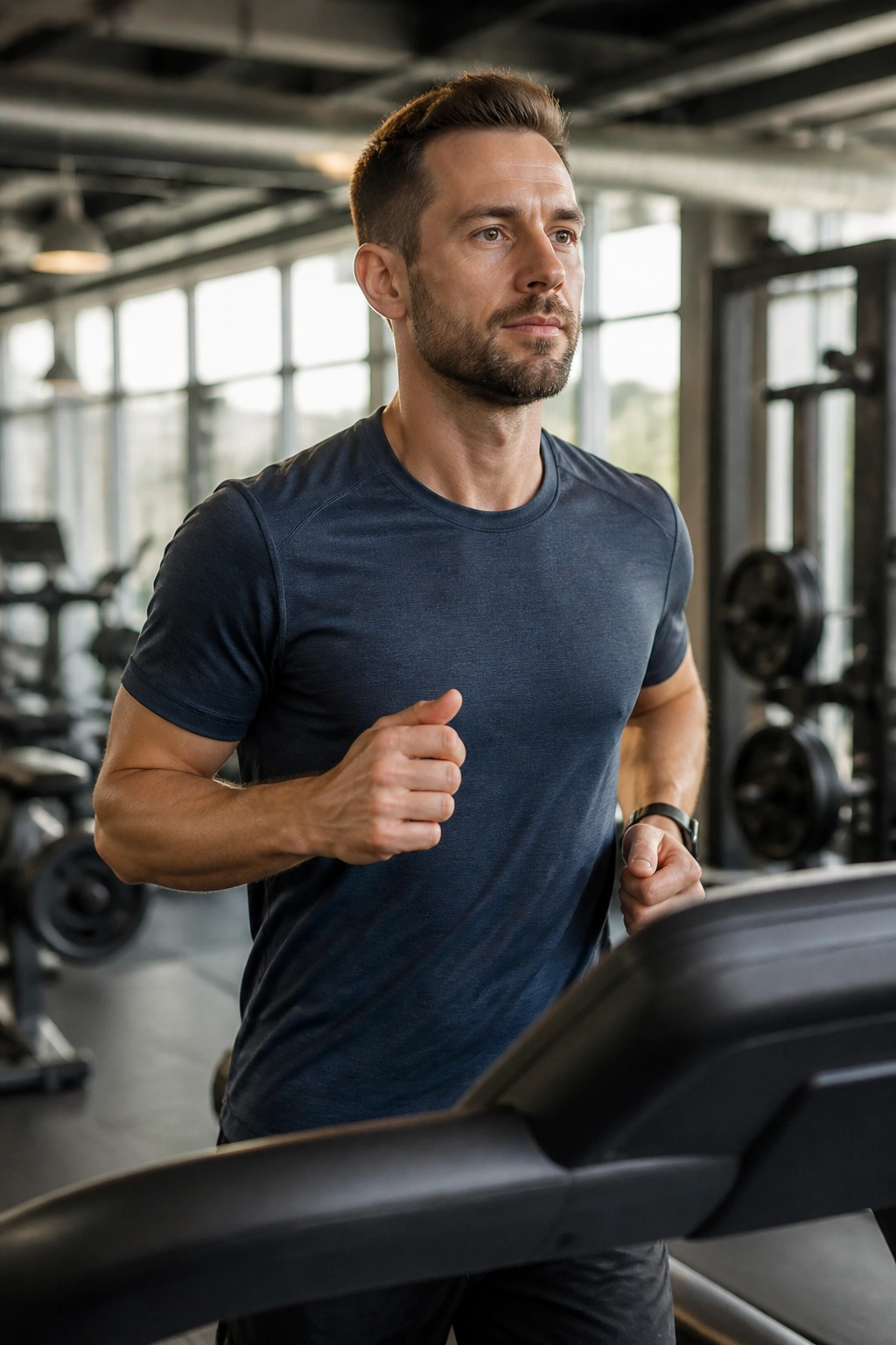 Runner maintaining marathon pace on treadmill in gym