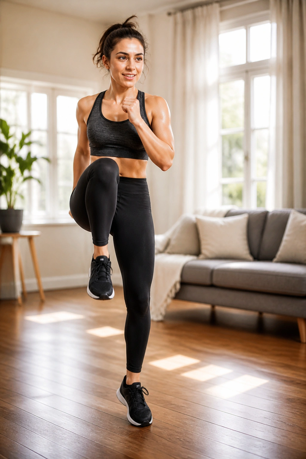 Real person performing march-in-place with step-touches in a sunlit living room