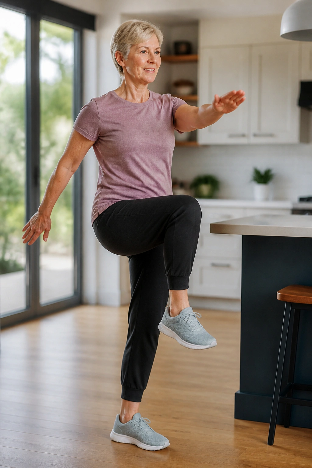 Older adult marching in place with arm reach indoors