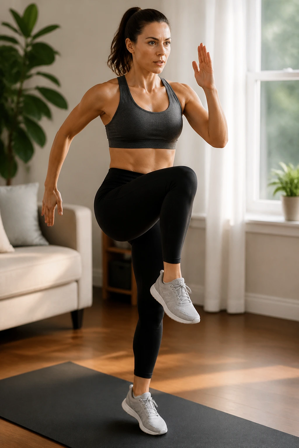 Close-up of a person marching on a yoga mat in a sunlit living room
