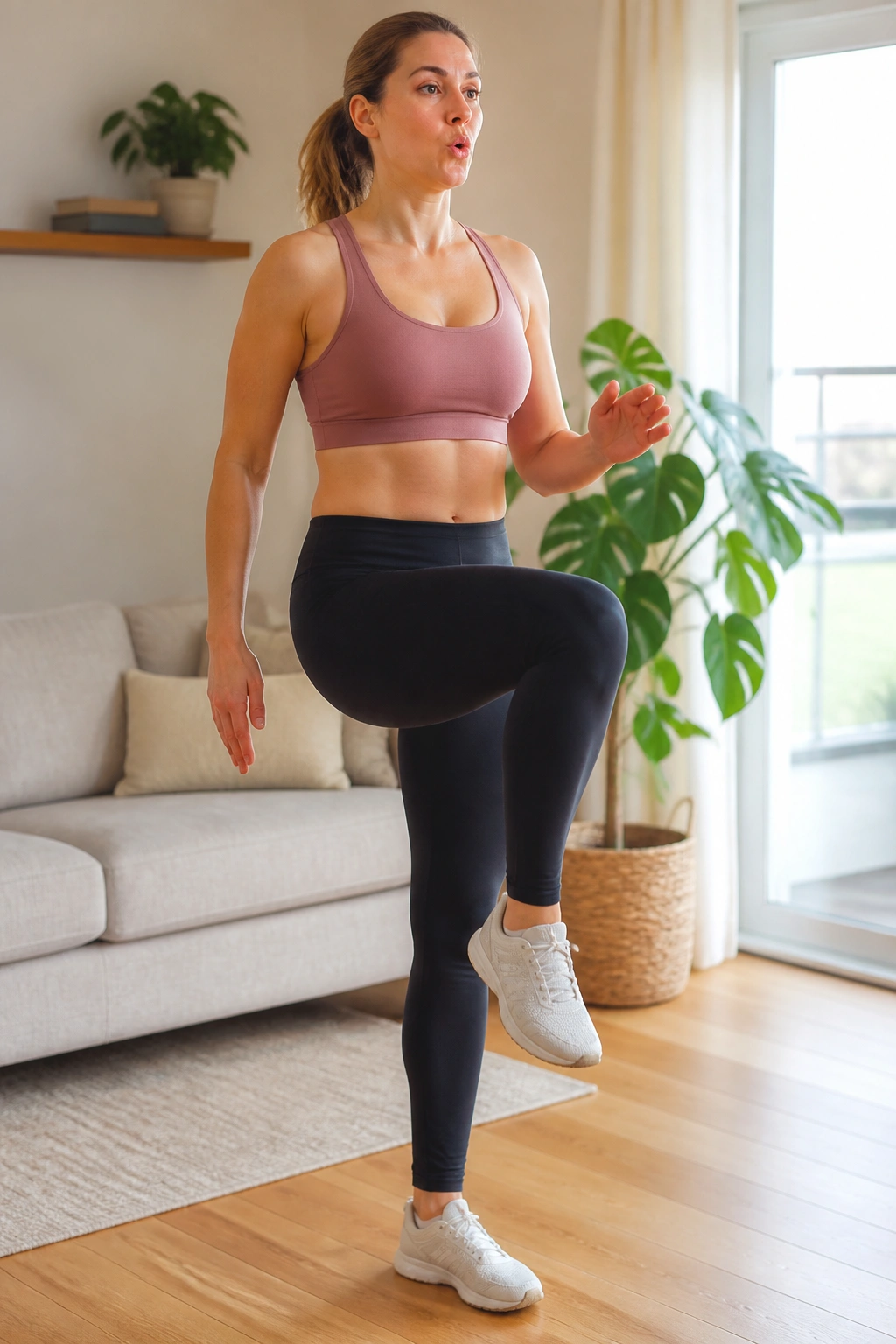 Real person marching in place with exhale