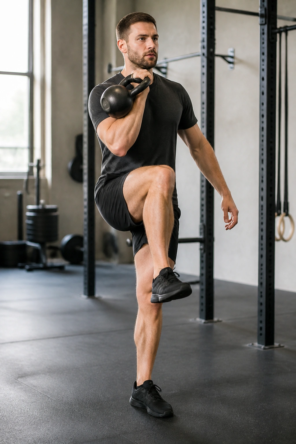 Person performing marching front rack carry with kettlebell at chest, knee lifted.
