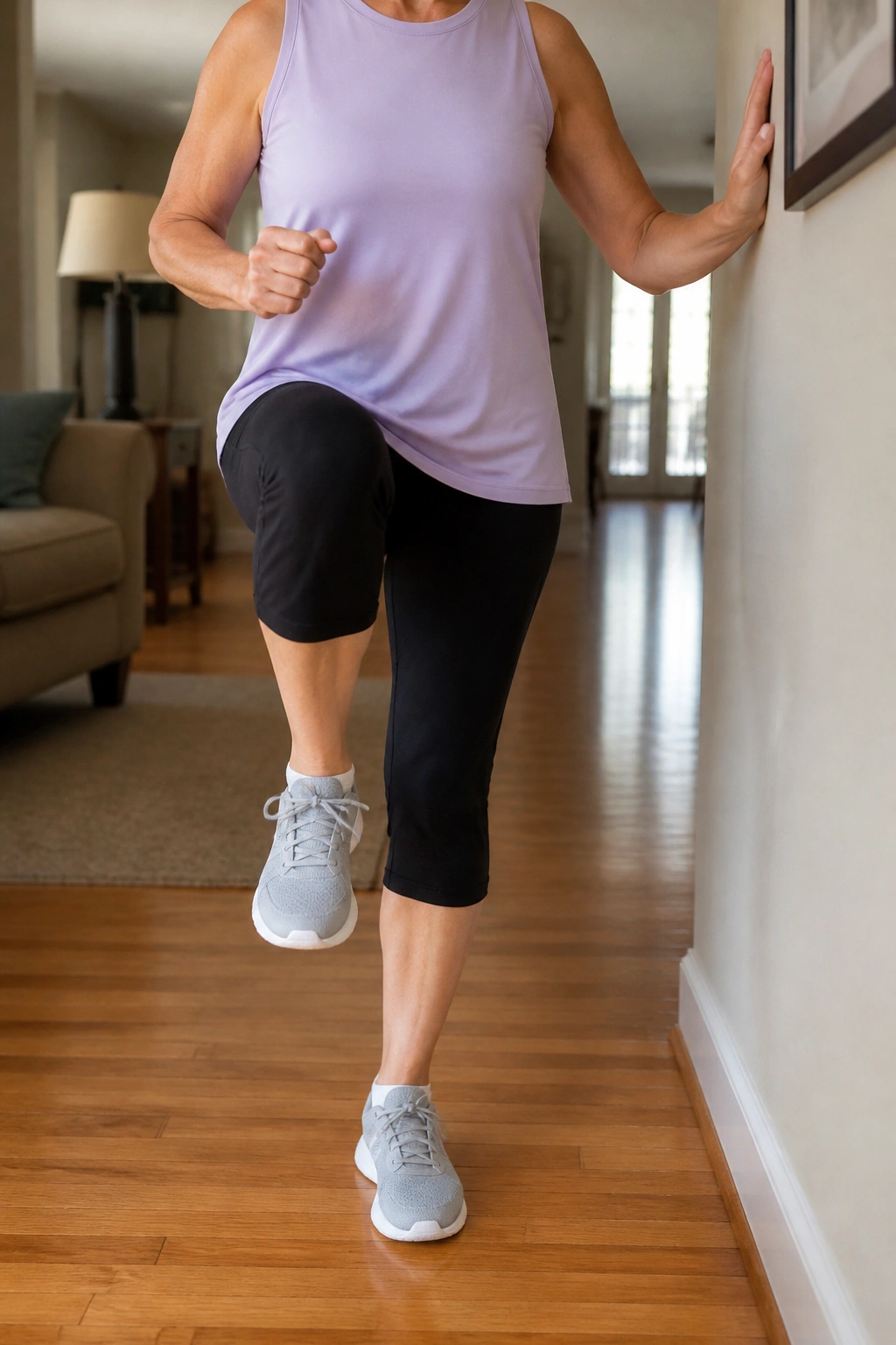 Person marching in place in a home setting with knee lifts