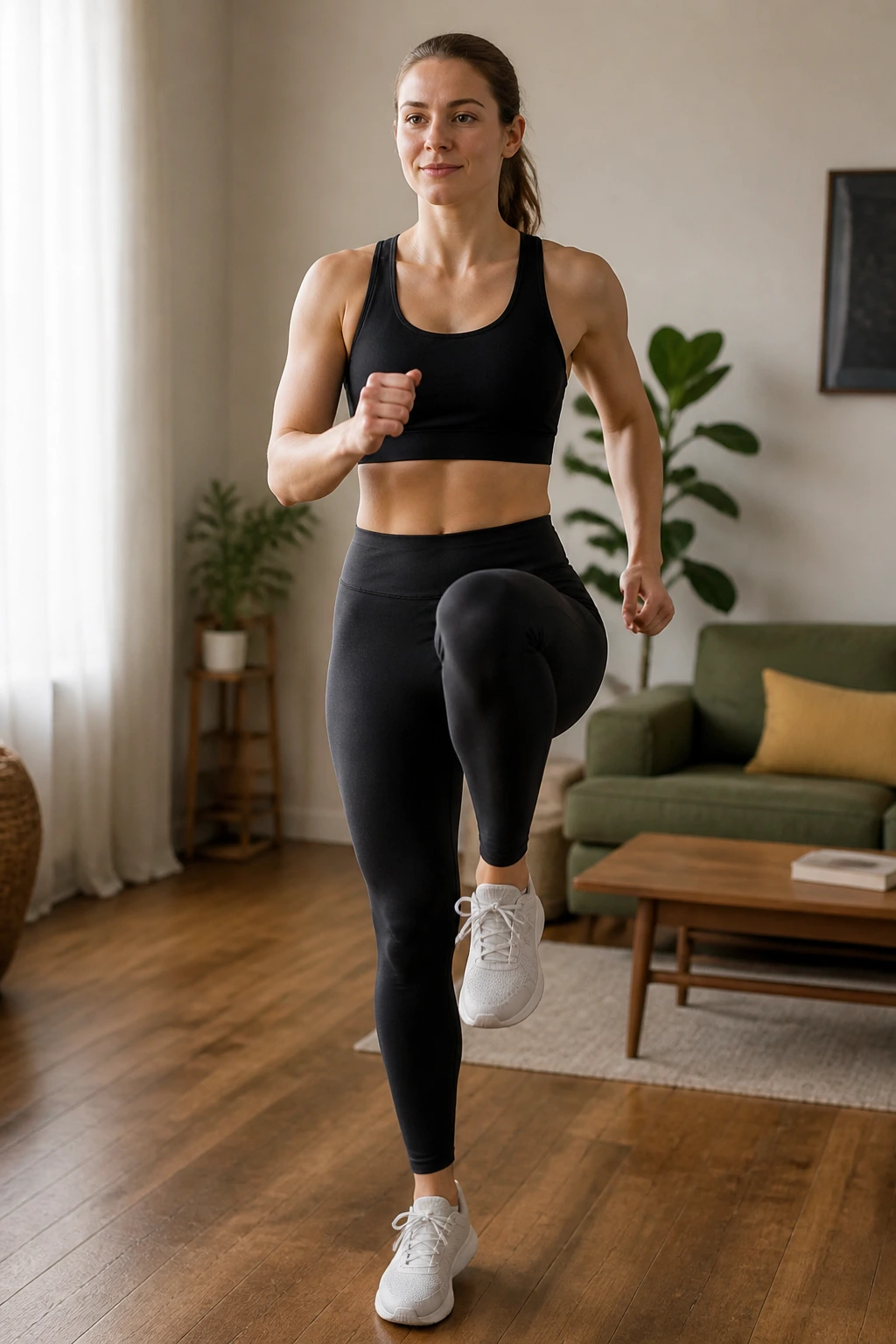 Mid-shot of a real person marching in place in a bright living room