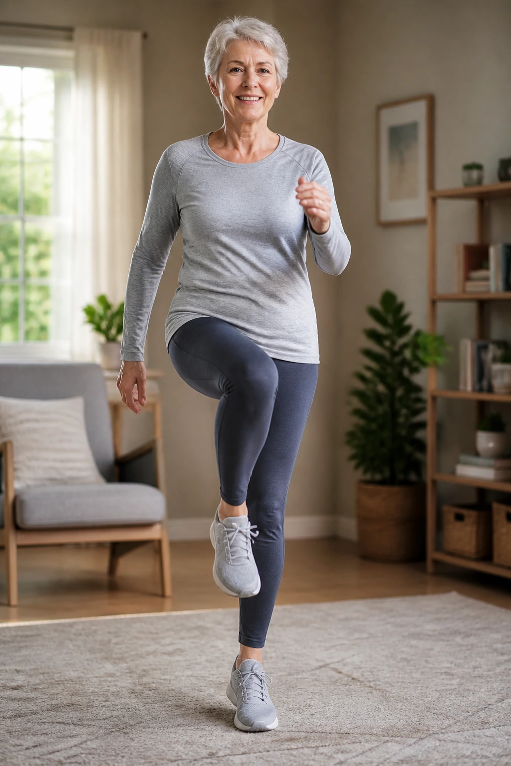 Senior performing marching legs with arm swings in a cozy living room