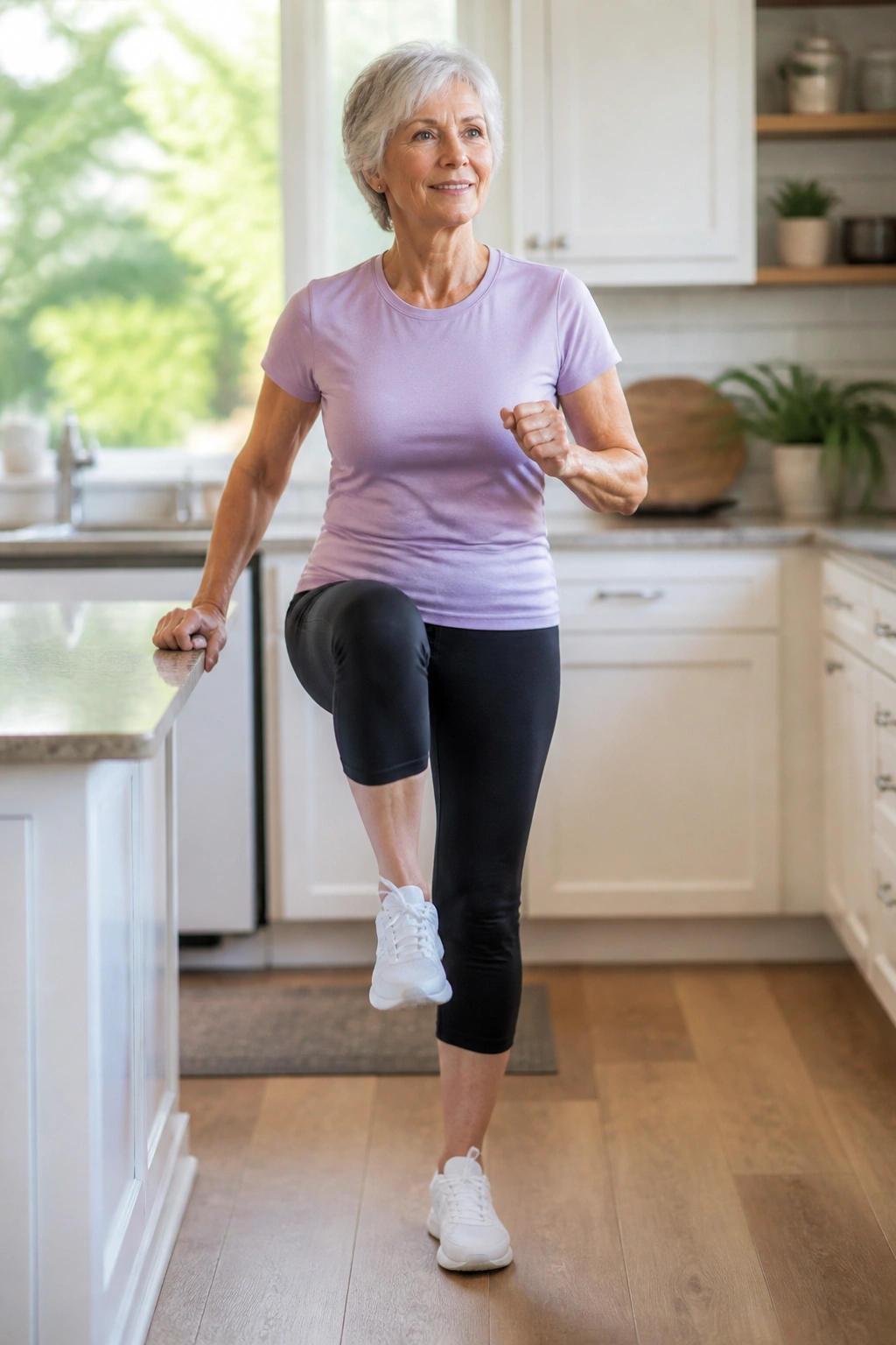 Senior marching in place with tall posture near a counter