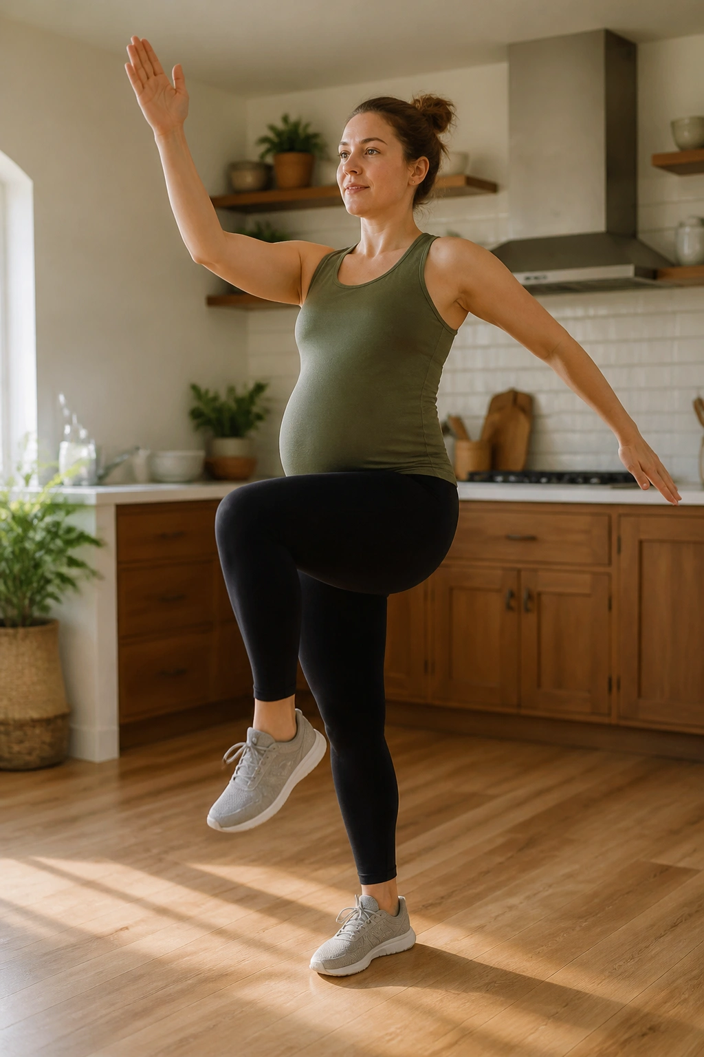 Pregnant person marching in place in a cozy kitchen.