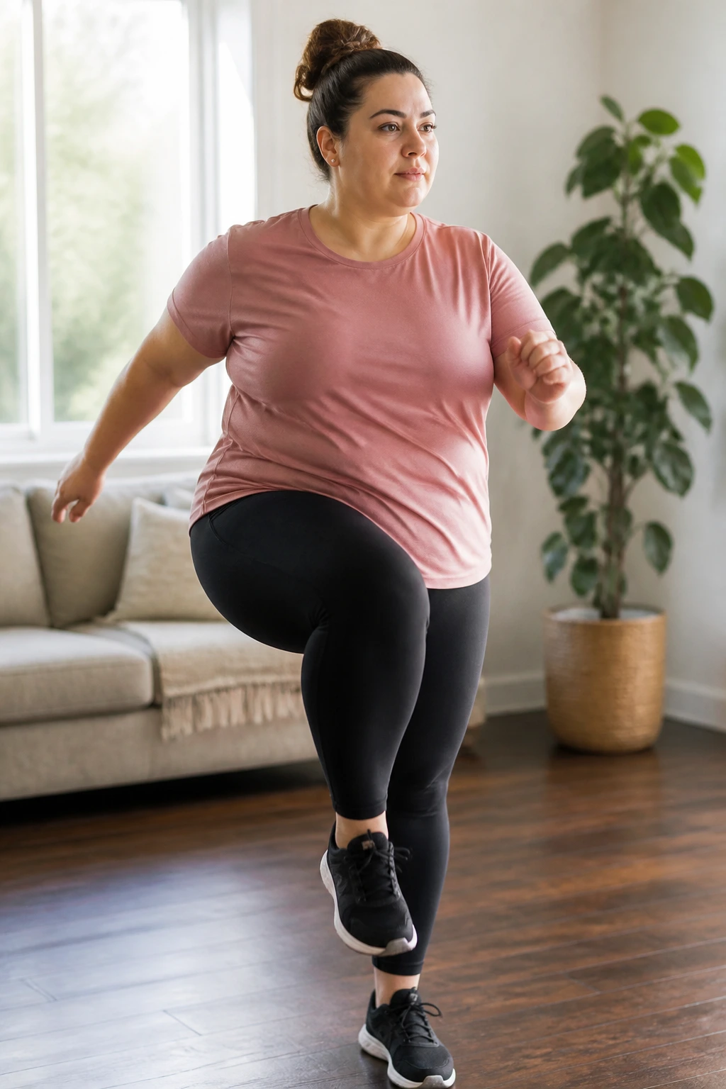 Mid-shot of a real woman performing marching step-touches with arm swings in a living room.