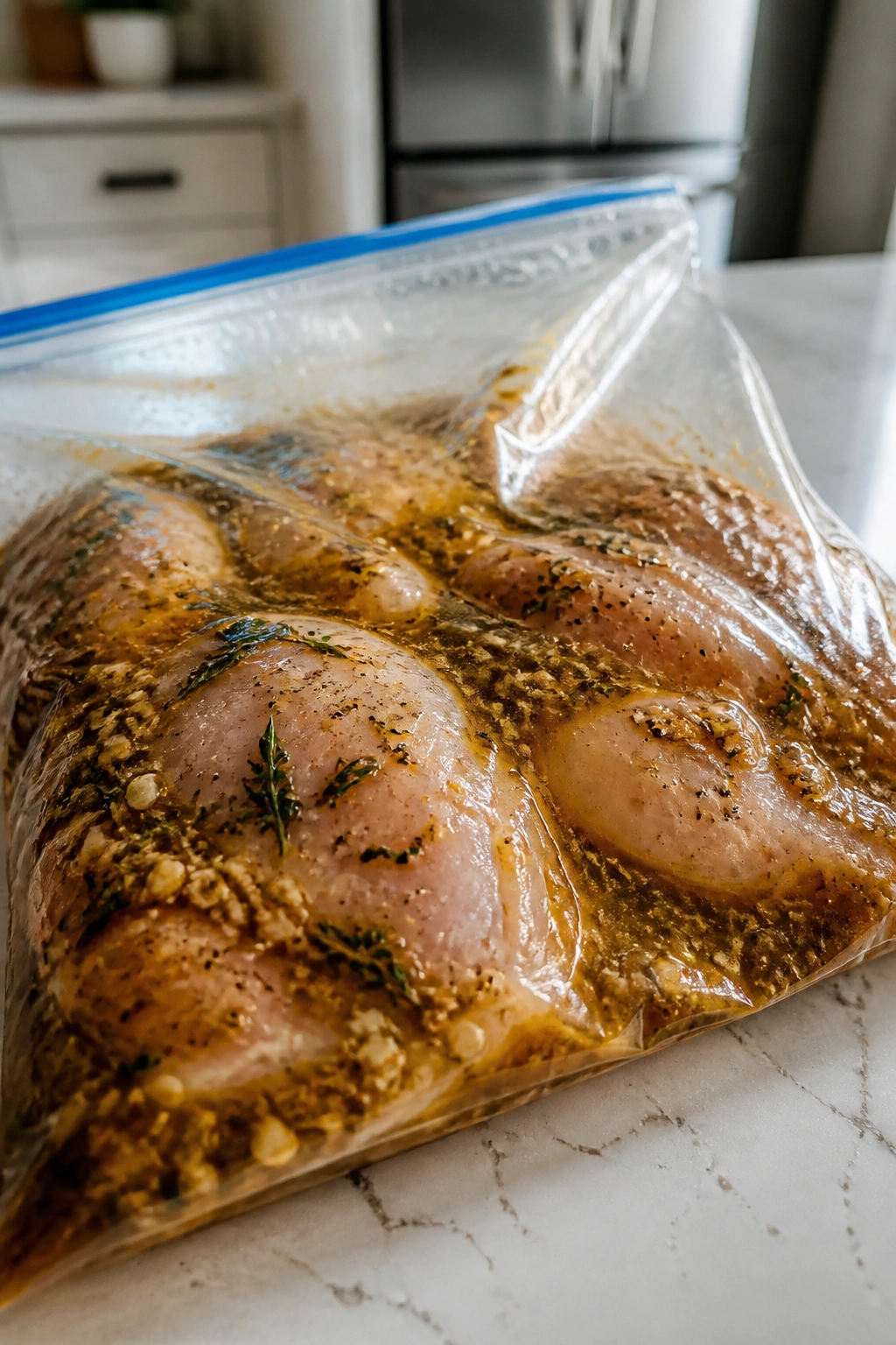 Freezer bag with marinating chicken in oil-based marinade