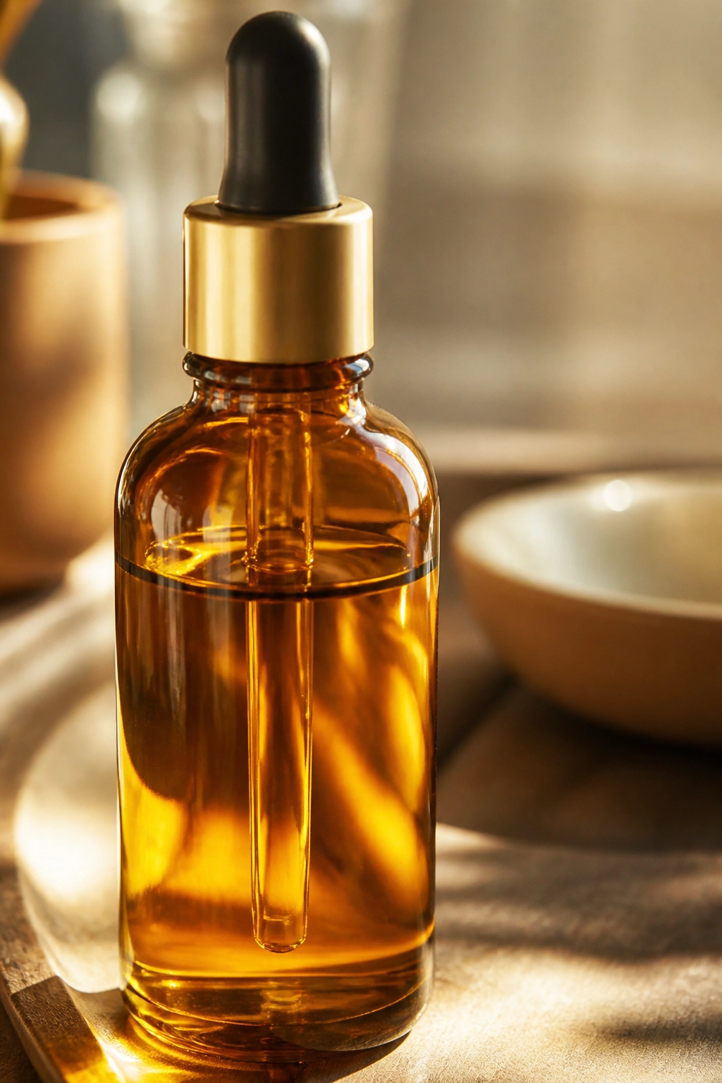 Close-up of marula oil bottle on vanity