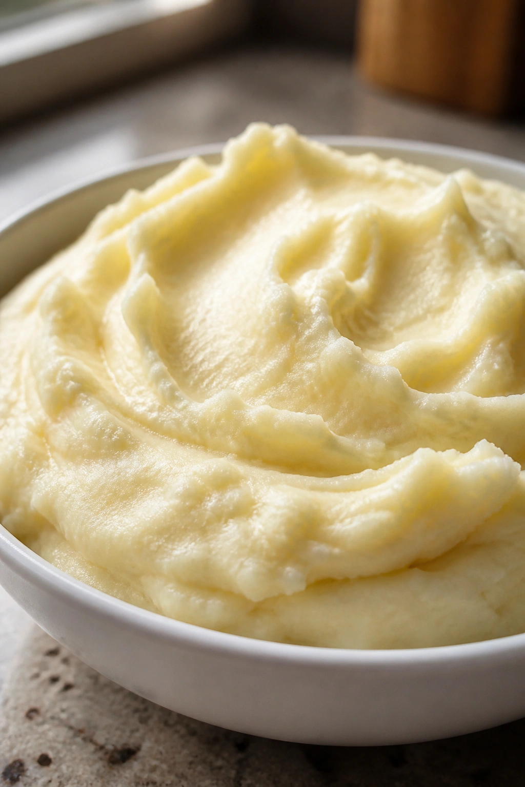 Close-up of smooth mashed potatoes in a small dish on a warm kitchen counter