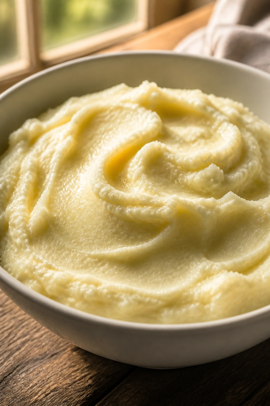 Close-up of mashed potatoes in a bowl on a rustic table
