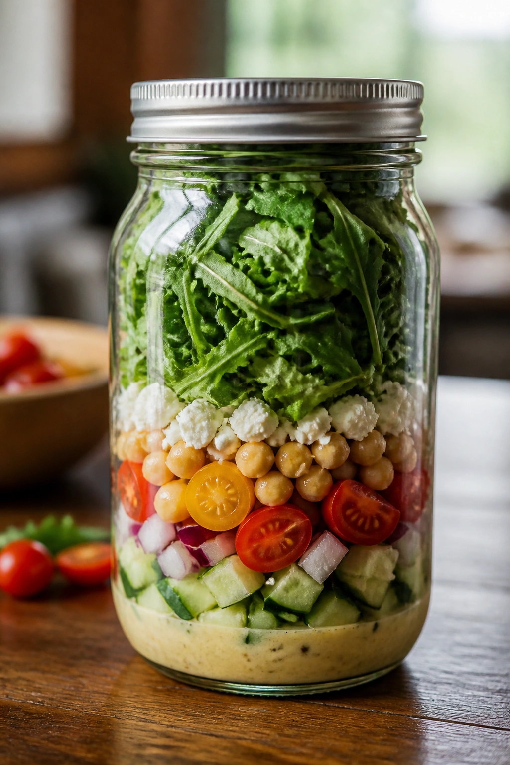 Jar salad with layered ingredients in a clear mason jar