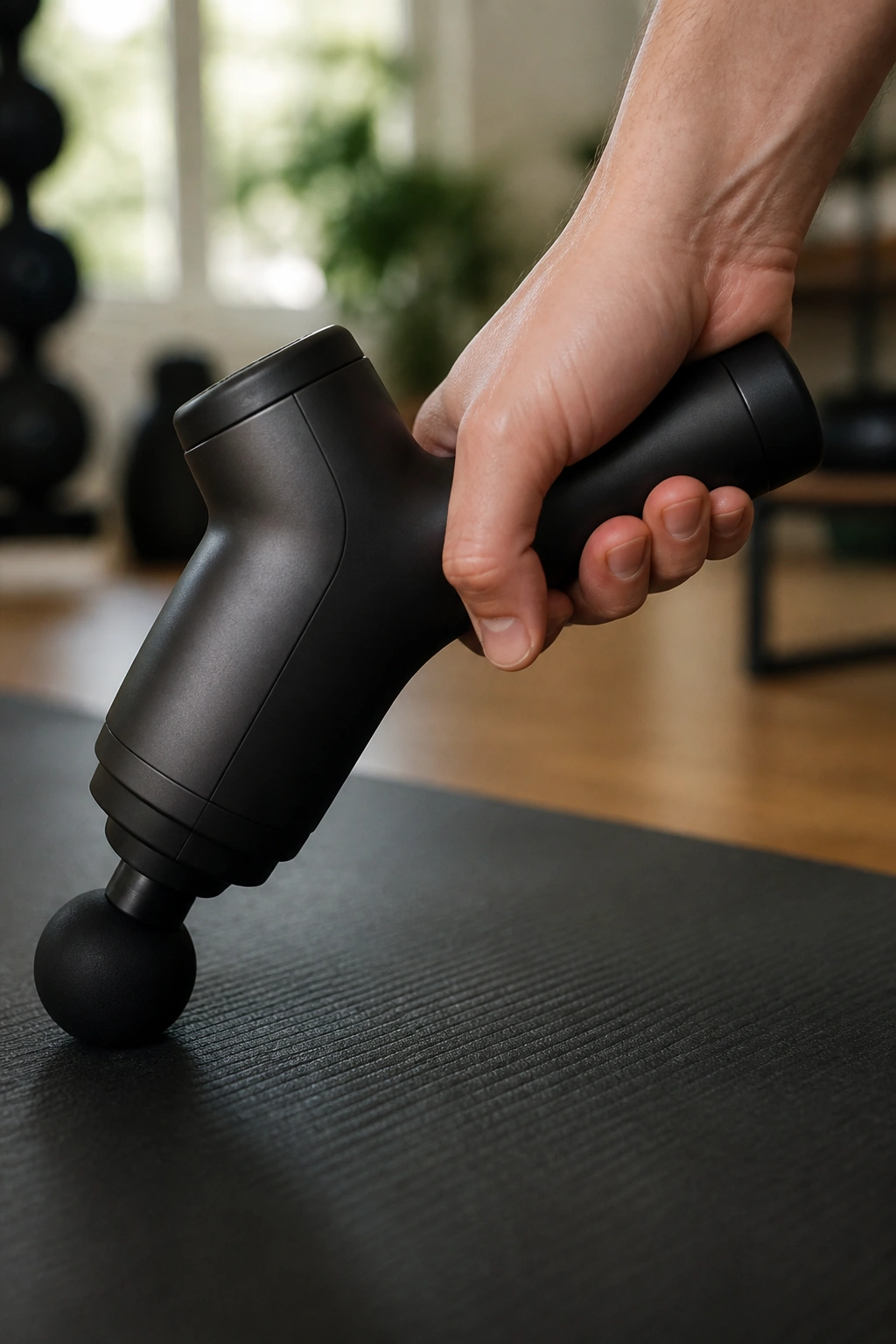 Close-up of massage gun held in hand over a gym mat in a home gym