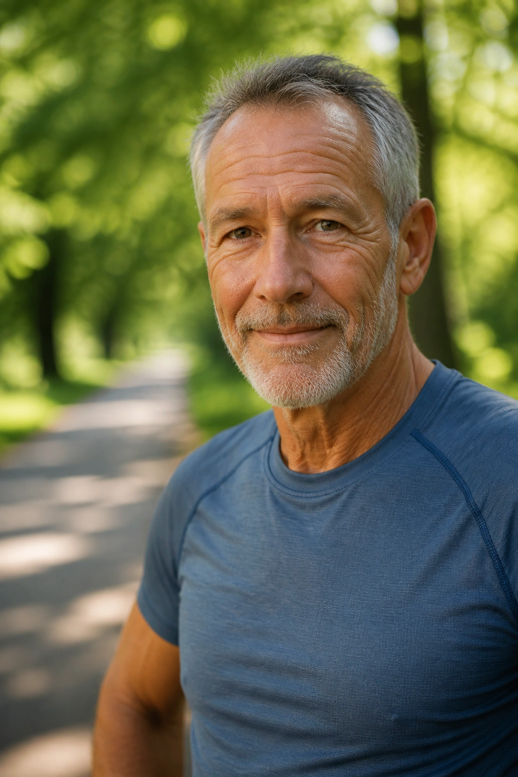 Close-up portrait of an older adult runner on a park trail with soft natural light.