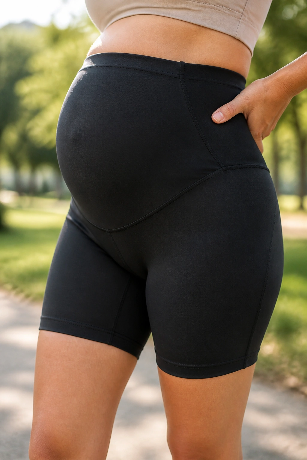 Pregnant woman wearing maternity bike shorts with wide belly panel