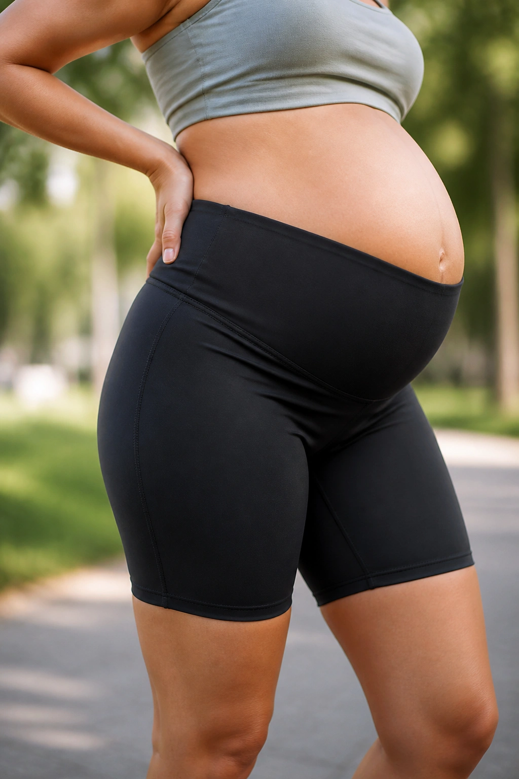 Medium-closeup of pregnant woman wearing matte-finish maternity bike shorts with belly panel