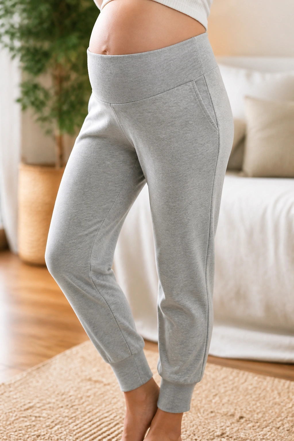Close-up of pregnant woman wearing soft maternity joggers with wide waistband