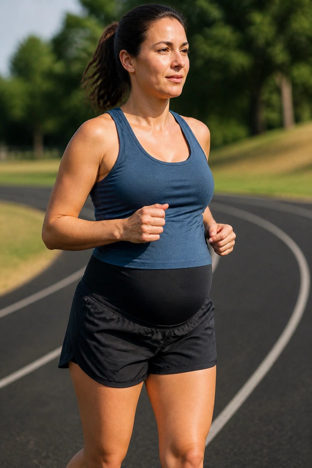 Mid-shot of pregnant woman wearing maternity-panel running shorts outdoors