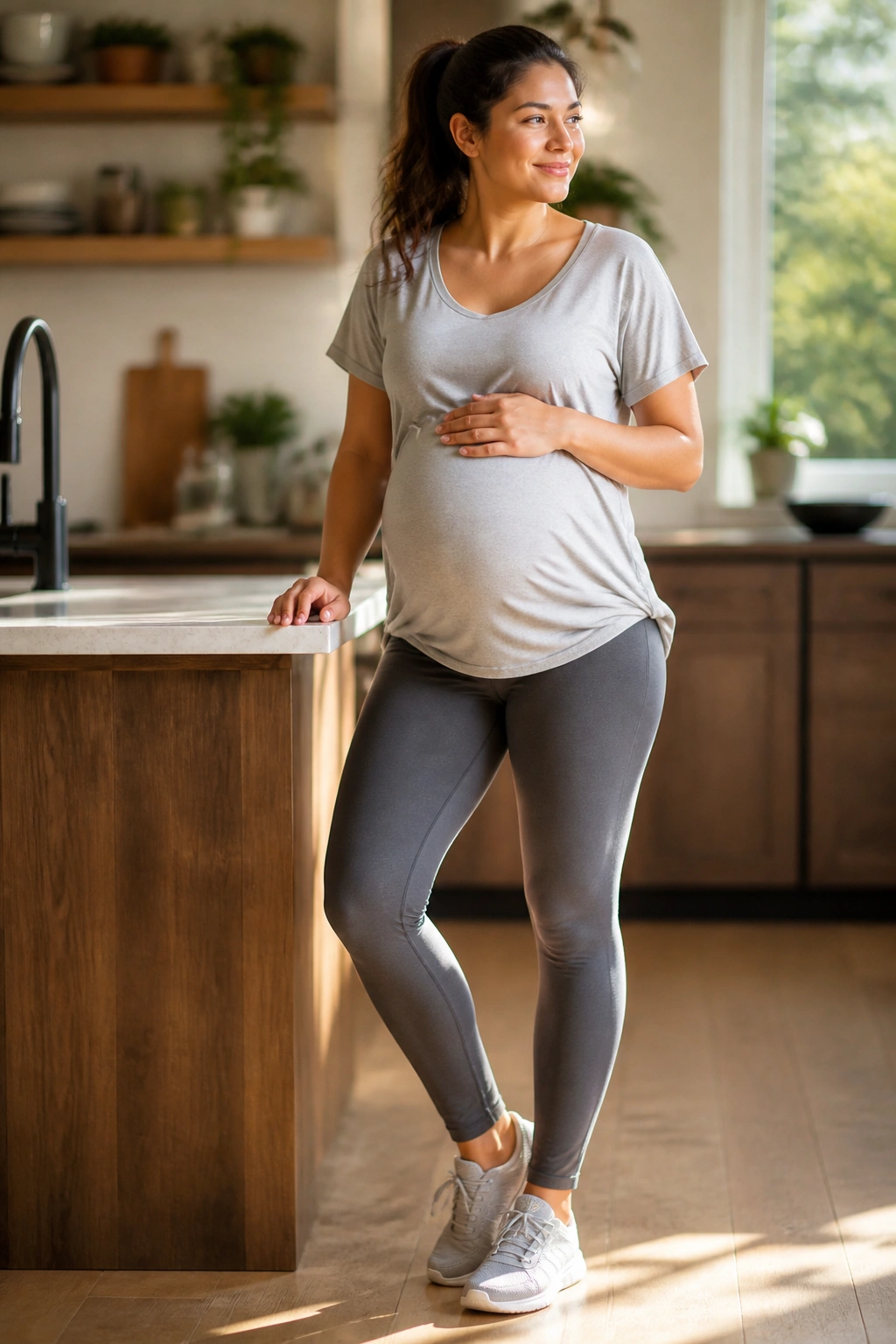 Pregnant woman in comfortable maternity wear and supportive shoes