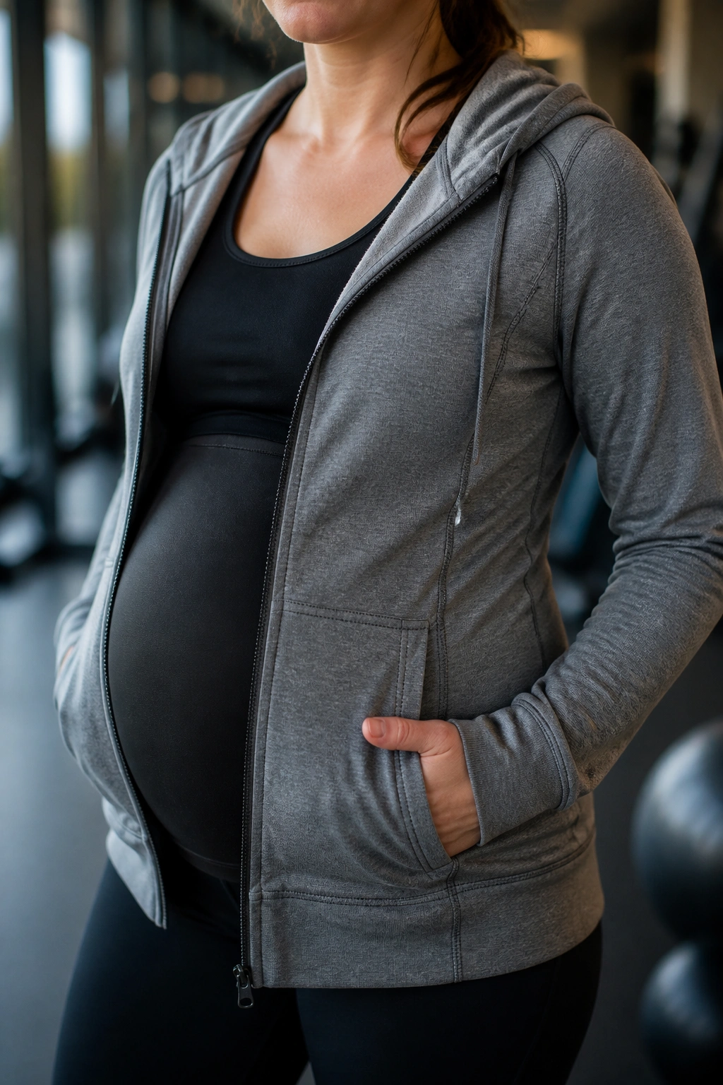 Pregnant woman in a maternity zip hoodie in a gym-like setting
