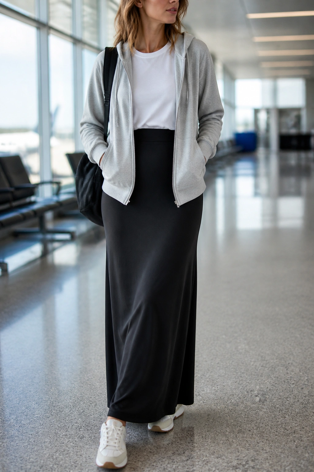 Traveler in a maxi skirt with tucked tee and zip hoodie in an airport