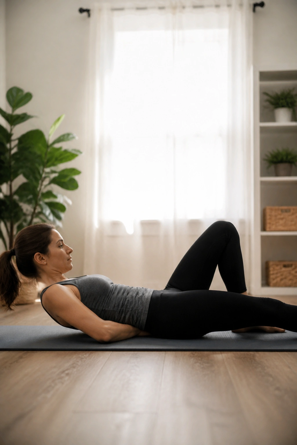 Person performing a McGill curl-up with a brace under the lower back