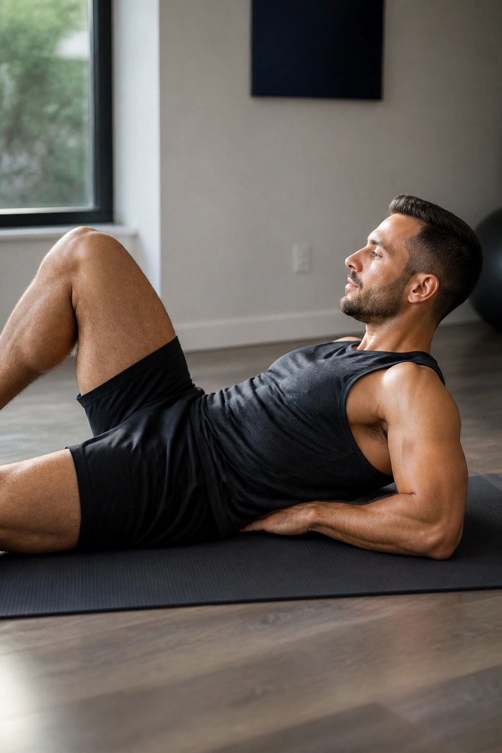 Close-up of a person performing the McGill Curl-Up Hold with minimal neck movement.